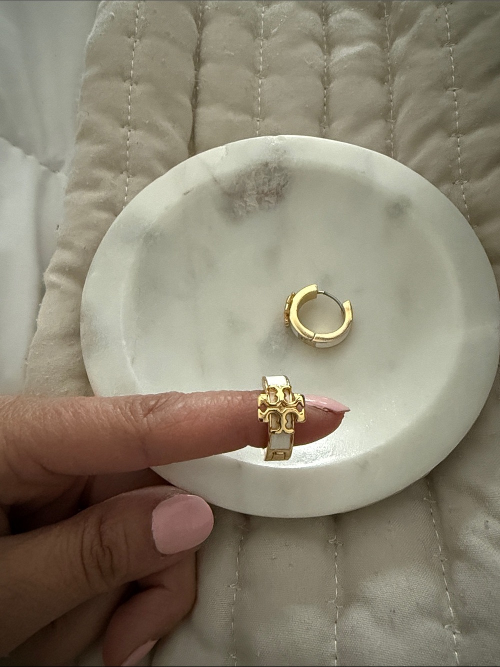 Tory Burch Gold and Cream Logo Hoop Earrings